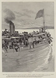 Emin Pascha und seine Anhänger an Bord des Dampfers Khedive, der den Albert Nyanza überquert, um sich Mr. Stanley anzuschließen